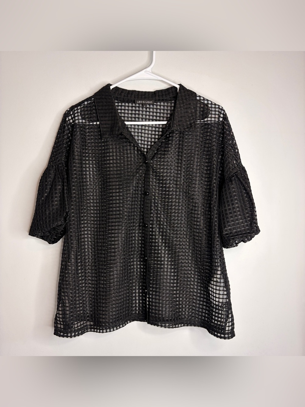 Leo & Ugo Black Grid Sheer Short‎ Sleeve Button-Front Top